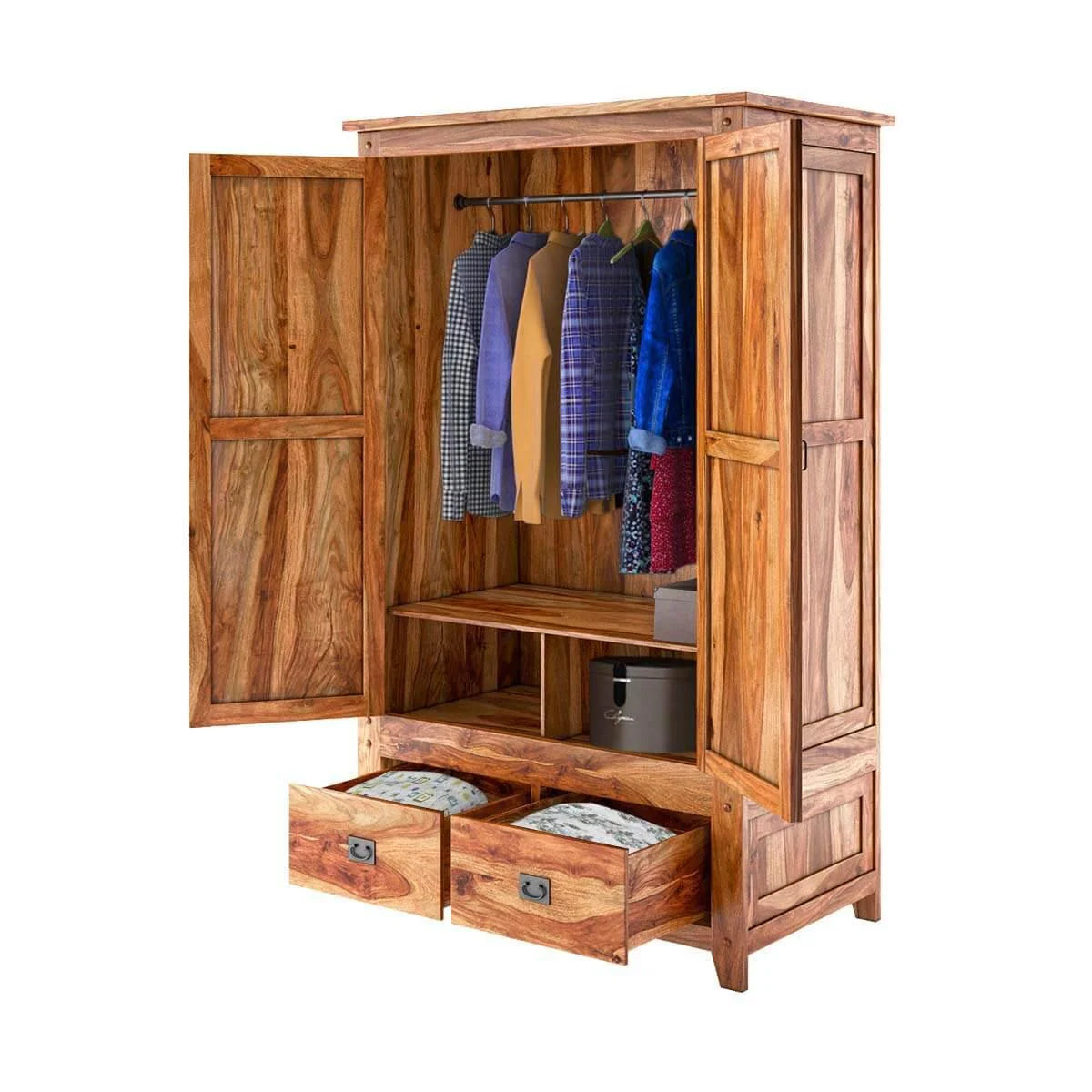 Rustic 2 Door Solid Wood Wardrobe with Dual Storage Drawers