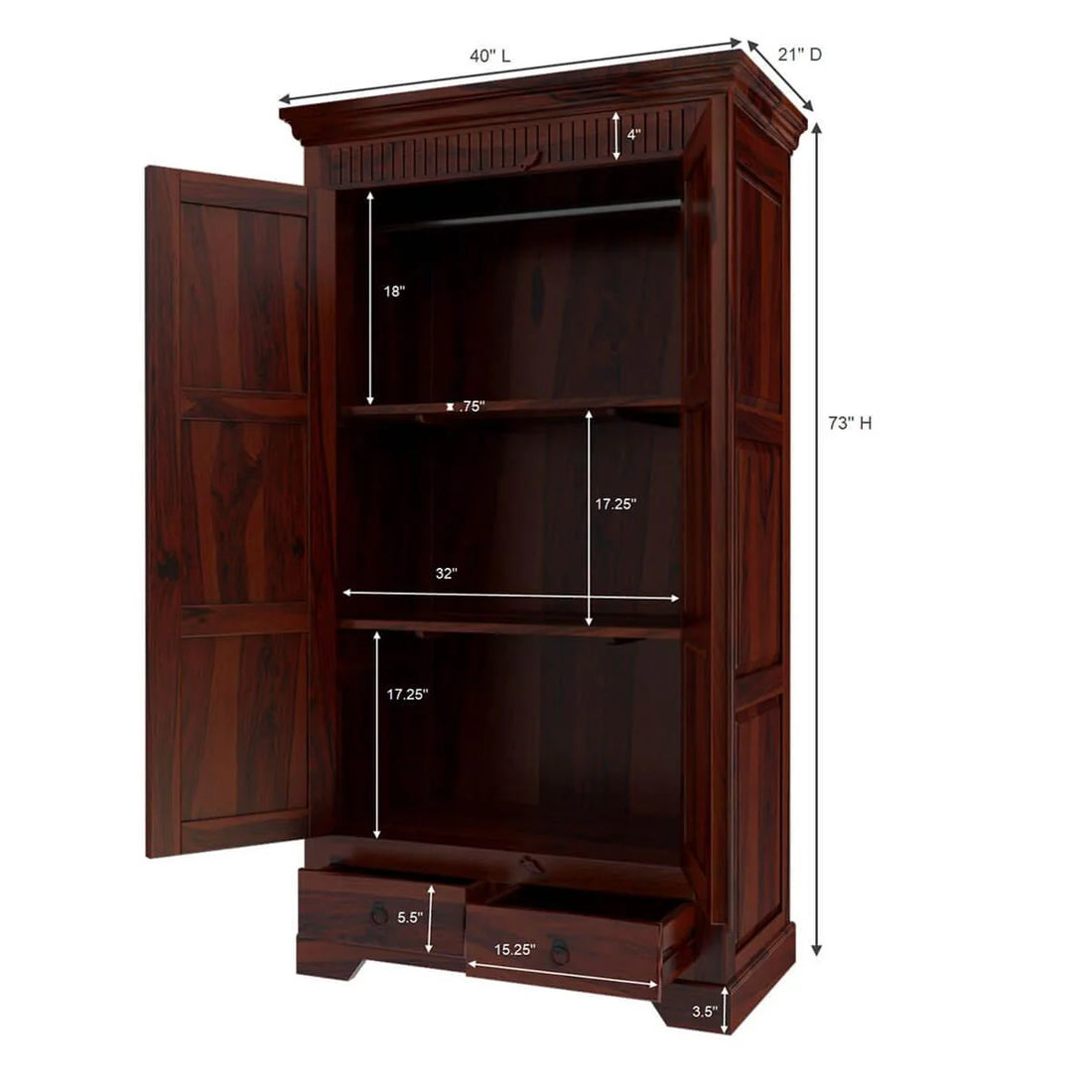Heritage 2 Door Solid Wood Wardrobe with Storage Drawer