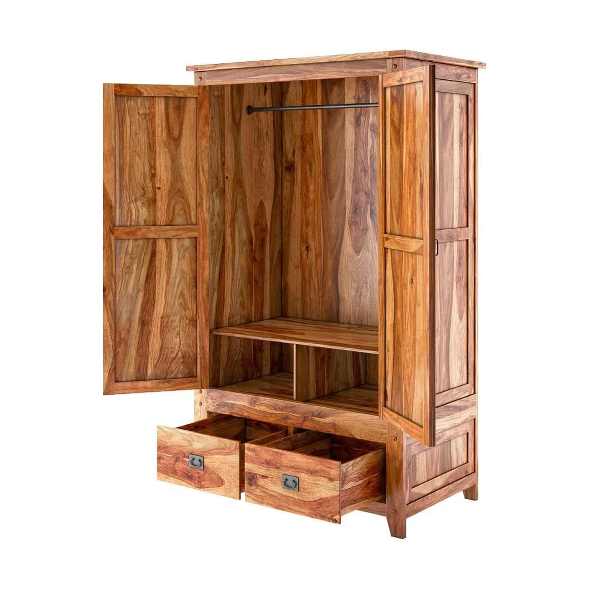 Rustic 2 Door Solid Wood Wardrobe with Dual Storage Drawers
