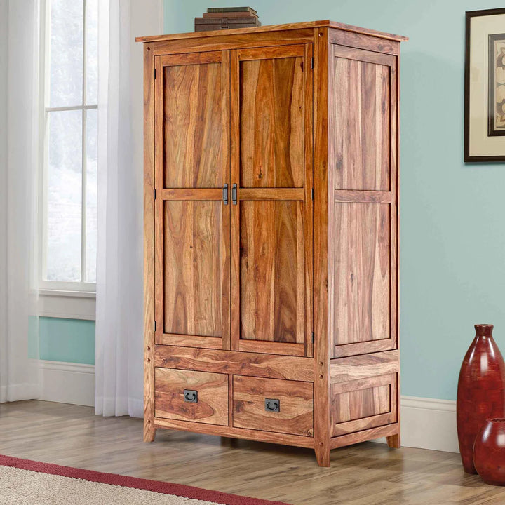 Rustic 2 Door Solid Wood Wardrobe with Dual Storage Drawers